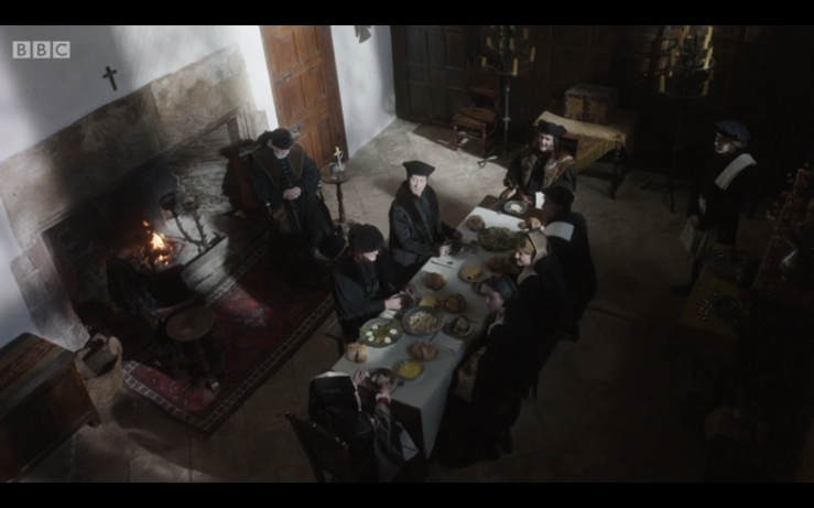 Dinner at Thomas More's house. Episode 2 of BBC TV's adaptation of Wolf Hall, minute 20:47. First shown: 9pm 28 Jan 2015. © BBC