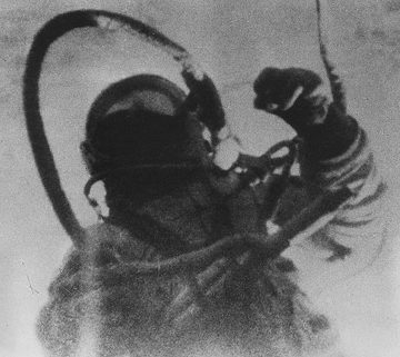 TV picture of Alexei Leonov on the first ever space walk, 18th March 1965 (image courtesy of www.starchild.gsfc.nasa.gov)
